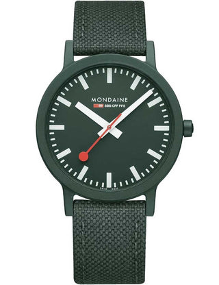 Front view of Mondaine MS1.41160.LF Green Textile Unisex Watch on white background