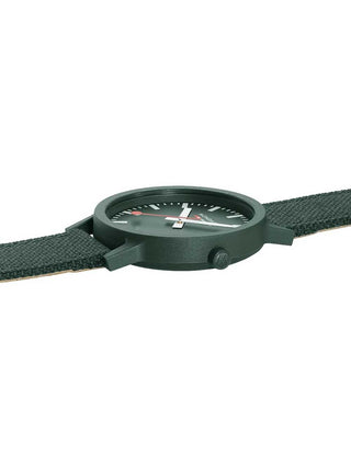 Angle shot of Mondaine MS1.41160.LF Green Textile Unisex Watch on white background