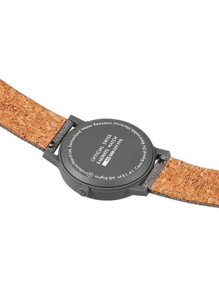 Angle shot of Mondaine MS1.41180.LH Grey Textile Unisex Watch on white background