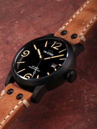 Angle shot of TW Steel MS32 Black Dial Brown Leather Unisex Watch on white background