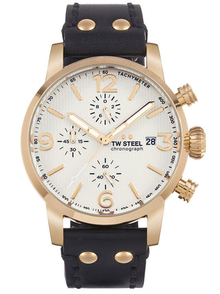 Angle shot of TW Steel Chronograph MS73 Grey Dial Black Leather Unisex Watch on white background