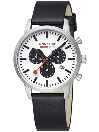 Front view of Mondaine Chronograph MSD.41410.LBV Black Leather Unisex Watch on white background