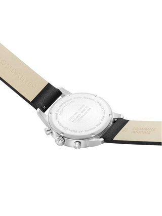 Angle shot of Mondaine Chronograph MSD.41410.LBV Black Leather Unisex Watch on white background