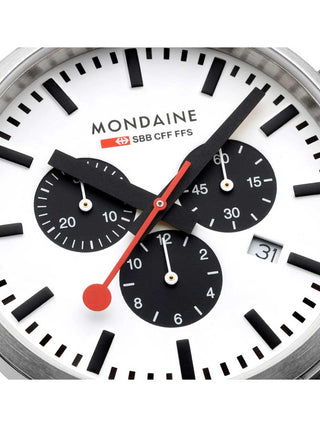 Angle shot of Mondaine Chronograph MSD.41410.LBV Black Leather Unisex Watch on white background