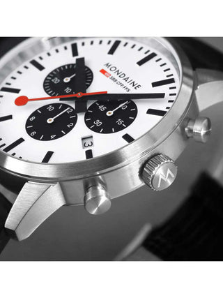 Angle shot of Mondaine Chronograph MSD.41410.LBV Black Leather Unisex Watch on white background