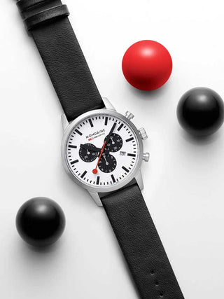 Angle shot of Mondaine Chronograph MSD.41410.LBV Black Leather Unisex Watch on white background