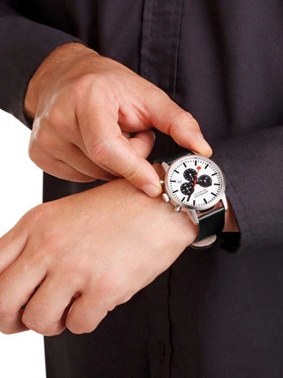 Angle shot of Mondaine Chronograph MSD.41410.LBV Black Leather Unisex Watch on white background