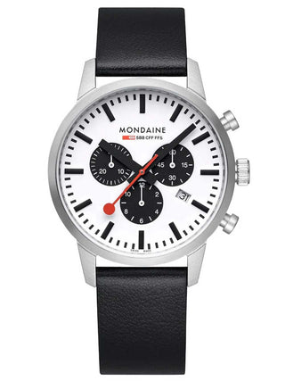 Angle shot of Mondaine Chronograph MSD.41410.LBV Black Leather Unisex Watch on white background