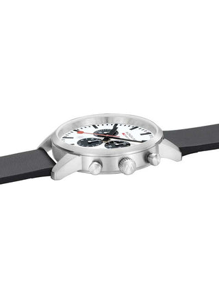 Angle shot of Mondaine Chronograph MSD.41410.LBV Black Leather Unisex Watch on white background