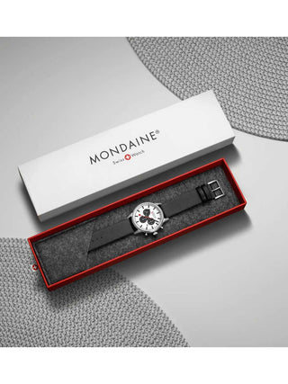 Angle shot of Mondaine Chronograph MSD.41410.LBV Black Leather Unisex Watch on white background