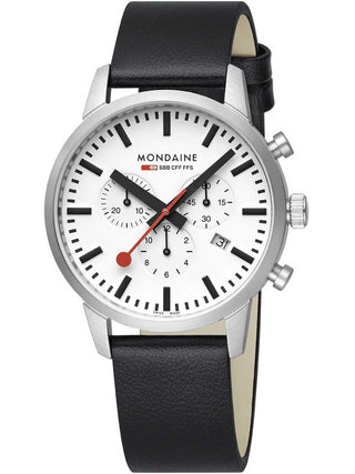 Front view of Mondaine Chronograph MSD.41411.LBV White Dial Black Leather Unisex Watch on white background