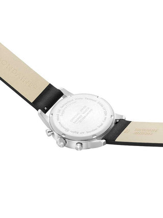 Angle shot of Mondaine Chronograph MSD.41411.LBV White Dial Black Leather Unisex Watch on white background
