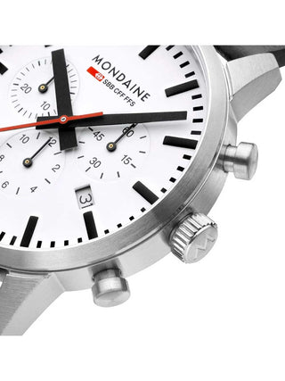 Angle shot of Mondaine Chronograph MSD.41411.LBV White Dial Black Leather Unisex Watch on white background