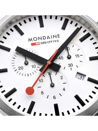 Angle shot of Mondaine Chronograph MSD.41411.LBV White Dial Black Leather Unisex Watch on white background