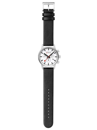 Angle shot of Mondaine Chronograph MSD.41411.LBV White Dial Black Leather Unisex Watch on white background