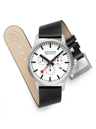 Angle shot of Mondaine Chronograph MSD.41411.LBV White Dial Black Leather Unisex Watch on white background