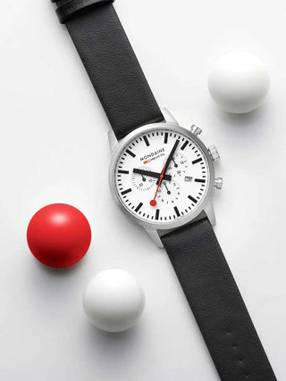 Angle shot of Mondaine Chronograph MSD.41411.LBV White Dial Black Leather Unisex Watch on white background