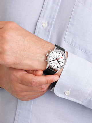 Angle shot of Mondaine Chronograph MSD.41411.LBV White Dial Black Leather Unisex Watch on white background
