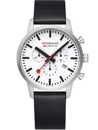 Angle shot of Mondaine Chronograph MSD.41411.LBV White Dial Black Leather Unisex Watch on white background