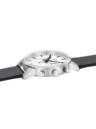 Angle shot of Mondaine Chronograph MSD.41411.LBV White Dial Black Leather Unisex Watch on white background