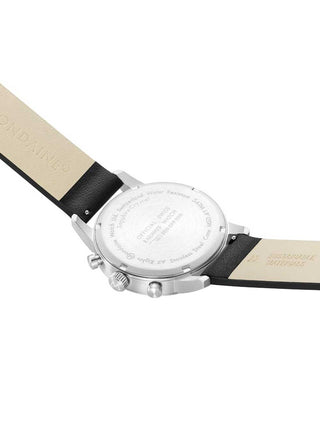 Angle shot of Mondaine Chronograph MSD.41420.LBV Black Leather Unisex Watch on white background