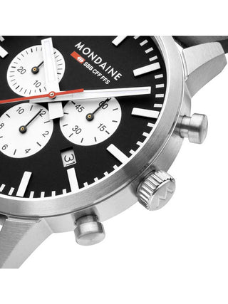Angle shot of Mondaine Chronograph MSD.41420.LBV Black Leather Unisex Watch on white background