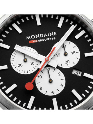 Angle shot of Mondaine Chronograph MSD.41420.LBV Black Leather Unisex Watch on white background