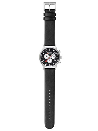 Angle shot of Mondaine Chronograph MSD.41420.LBV Black Leather Unisex Watch on white background