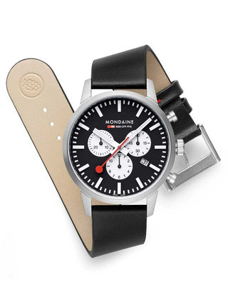 Angle shot of Mondaine Chronograph MSD.41420.LBV Black Leather Unisex Watch on white background