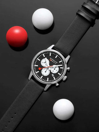 Angle shot of Mondaine Chronograph MSD.41420.LBV Black Leather Unisex Watch on white background