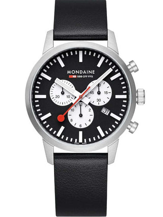 Angle shot of Mondaine Chronograph MSD.41420.LBV Black Leather Unisex Watch on white background