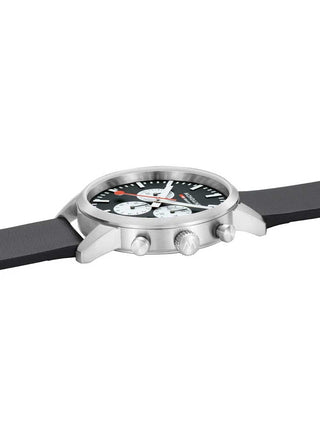 Angle shot of Mondaine Chronograph MSD.41420.LBV Black Leather Unisex Watch on white background