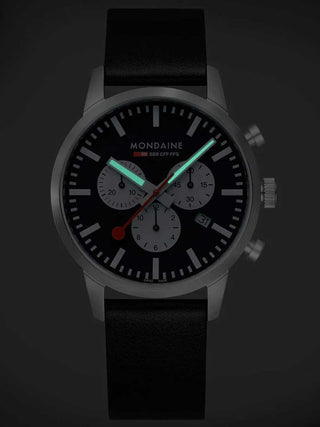Angle shot of Mondaine Chronograph MSD.41420.LBV Black Leather Unisex Watch on white background