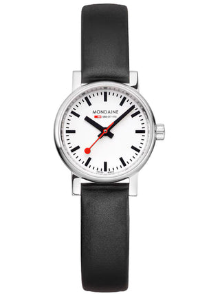 Front view of Mondaine MSE.26110.LBV White Dial Black Leather Womens Watch on white background