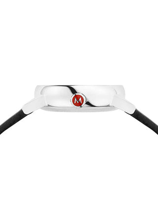 Angle shot of Mondaine MSE.26110.LBV White Dial Black Leather Womens Watch on white background