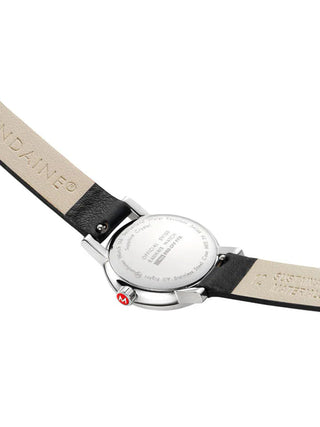 Angle shot of Mondaine MSE.26110.LBV White Dial Black Leather Womens Watch on white background