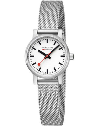Front view of Mondaine MSE.26110.SM White Dial Silver Stainless Steel Womens Watch on white background