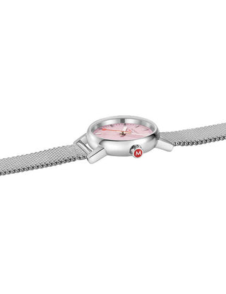 Angle shot of Mondaine MSE.26130.SM Pink Dial Silver Stainless Steel Womens Watch on white background