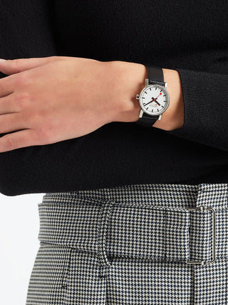 Angle shot of Mondaine MSE.30110.LBV White Dial Black Leather Womens Watch on white background
