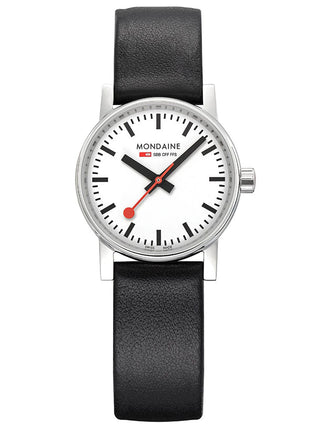 Front view of Mondaine MSE.30110.LBV White Dial Black Leather Womens Watch on white background