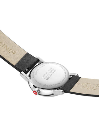 Angle shot of Mondaine MSE.30110.LBV White Dial Black Leather Womens Watch on white background