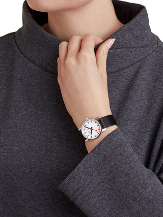 Angle shot of Mondaine MSE.30110.LBV White Dial Black Leather Womens Watch on white background