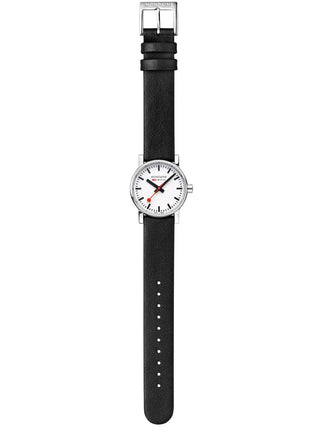 Angle shot of Mondaine MSE.30110.LBV White Dial Black Leather Womens Watch on white background
