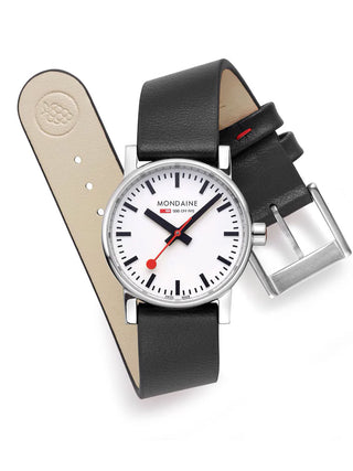 Angle shot of Mondaine MSE.30110.LBV White Dial Black Leather Womens Watch on white background