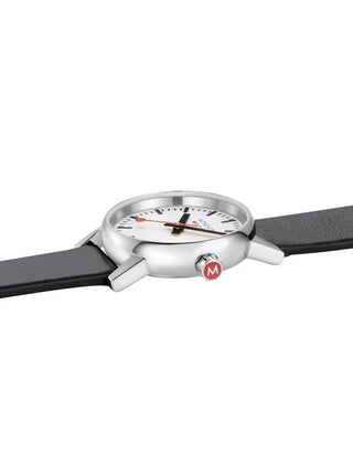 Angle shot of Mondaine MSE.30110.LBV White Dial Black Leather Womens Watch on white background