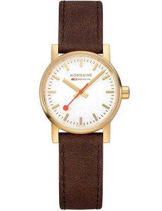 Angle shot of Mondaine MSE.30112.LG Silver Dial Brown Leather Womens Watch on white background