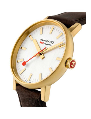 Angle shot of Mondaine MSE.30112.LG Silver Dial Brown Leather Womens Watch on white background