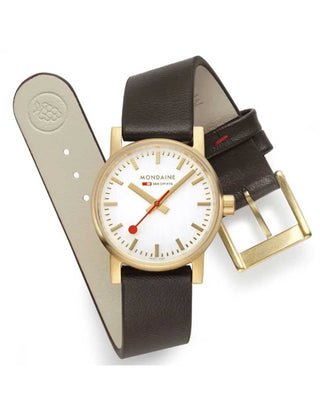 Angle shot of Mondaine MSE.30112.LG Silver Dial Brown Leather Womens Watch on white background