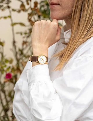 Angle shot of Mondaine MSE.30112.LG Silver Dial Brown Leather Womens Watch on white background