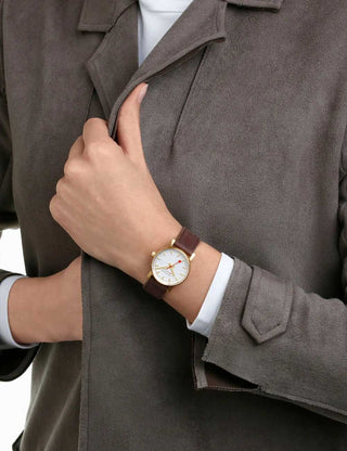 Angle shot of Mondaine MSE.30112.LG Silver Dial Brown Leather Womens Watch on white background